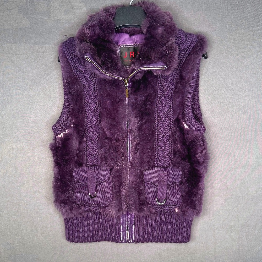 Y2K McBling Plum Rabbit Fur Chunky Knit‎ Zip Vest D-Ring Pockets Furry Collar M